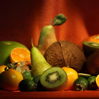 Фотопечать, натюрморт, фрукты: груши, апельсины, киви