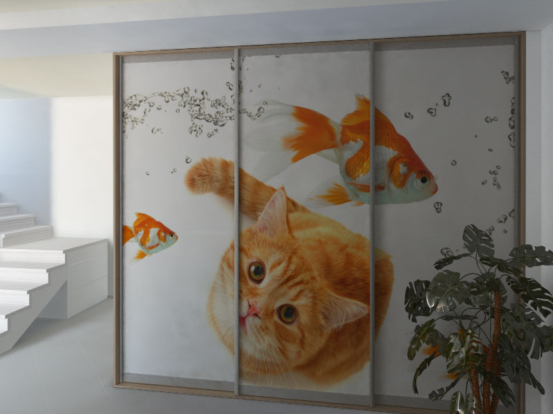 Фотопечать на три двери: рыжий кот и рыбы